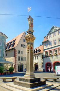 Low angle view of statue in front of building