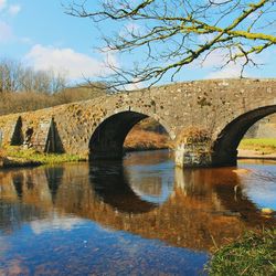 Arch bridge over river against sky