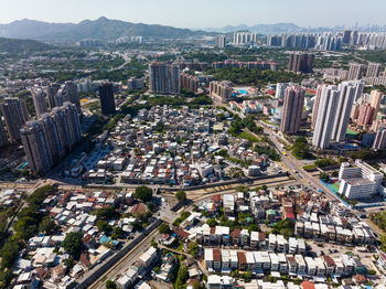 High angle view of modern buildings in city