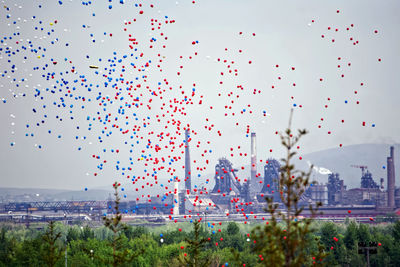 Flock of birds flying in city against sky