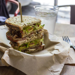 Close-up of burger on table