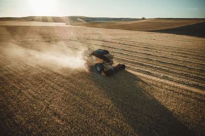 Dry fields at sunset from aerial view