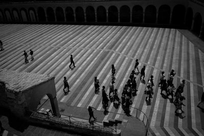 High angle view of people walking on street