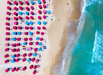 High angle view of parasols at beach