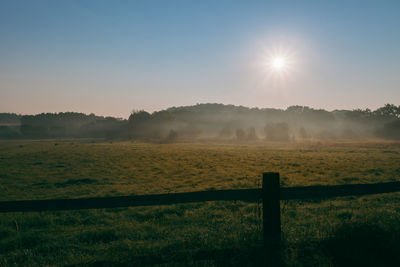 Scenic view of field against clear sky during sunset