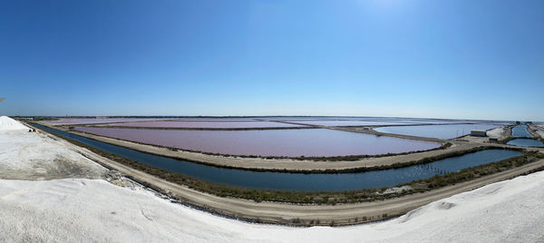 Panoramic view of snow covered land against clear blue sky