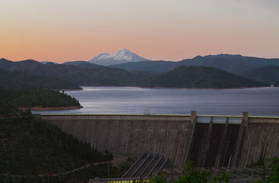 Scenic view of lake against mountains during sunset