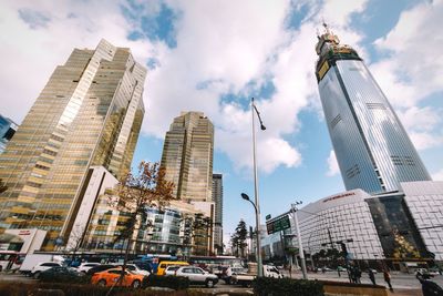 Low angle view of modern buildings against sky