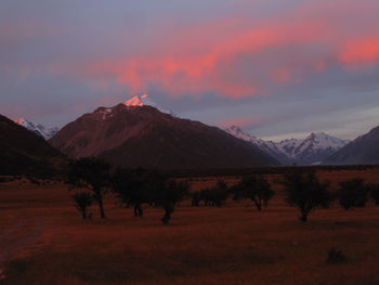 Scenic view of mountains against sky during sunset