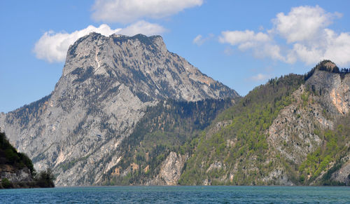 Scenic view of mountains and sea against sky