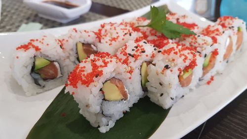 Close-up of sushi in plate on table