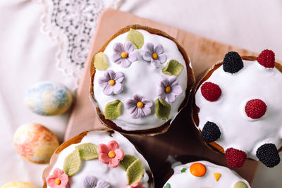 High angle view of dessert on table