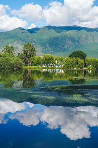 Scenic view of lake and mountains against sky