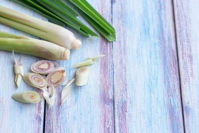 High angle view of chopped vegetables on table