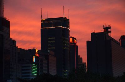 Buildings in city at sunset