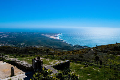 Scenic view of sea and mountain against sky