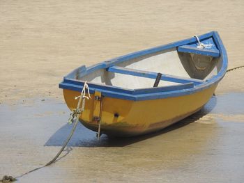 Boat moored on beach