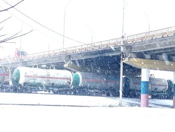 Train on snow covered railroad tracks during winter