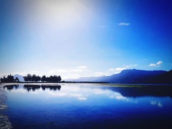 Scenic view of lake against blue sky