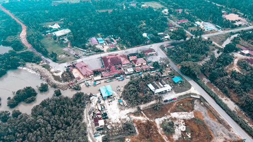 High angle view of trees and buildings in city