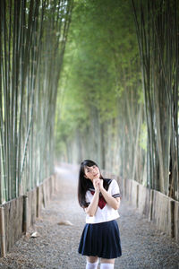 Portrait of young woman while standing amidst bamboo groove