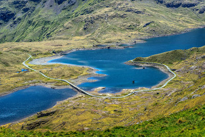 Scenic view of river amidst mountains