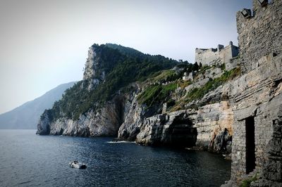 Scenic view of sea by mountains against sky