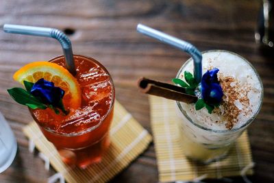 High angle view of drinks on table