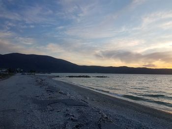 Scenic view of beach against sky during sunset