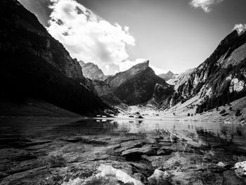 Scenic view of lake and mountains against sky