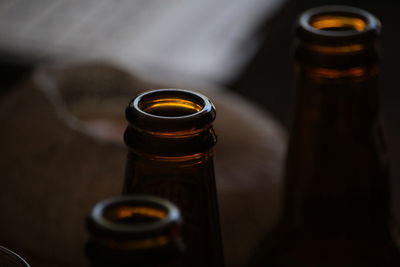 Close-up of beer bottle on table