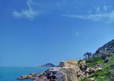 Scenic view of sea against clear blue sky