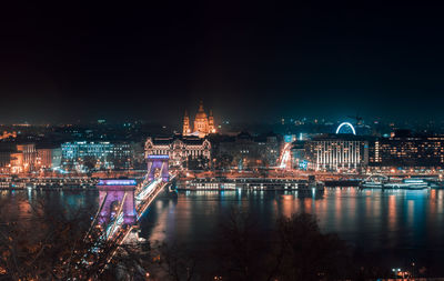 Illuminated buildings in city at night