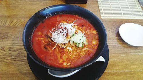 High angle view of soup in bowl on table