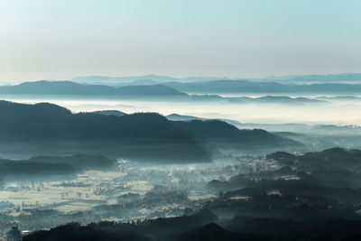 Scenic view of mountains against sky during sunset