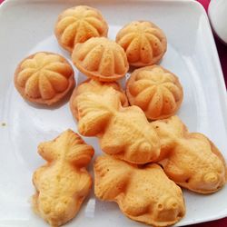 High angle view of cookies in plate on table