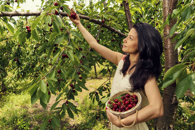 Beautiful woman standing by tree outdoors