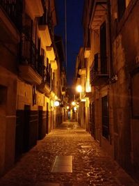 Narrow walkway along buildings at night