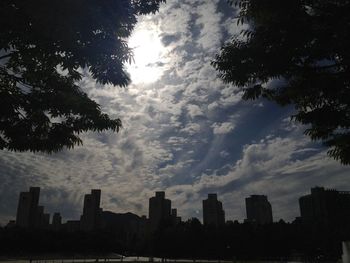 City skyline against cloudy sky