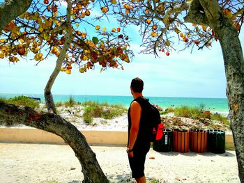 Rear view of man standing at beach against sky