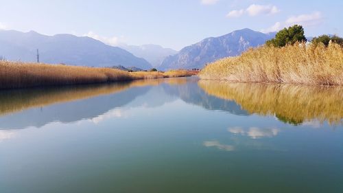 Scenic view of lake and mountains against sky