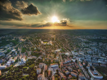 High angle view of townscape against sky during sunset