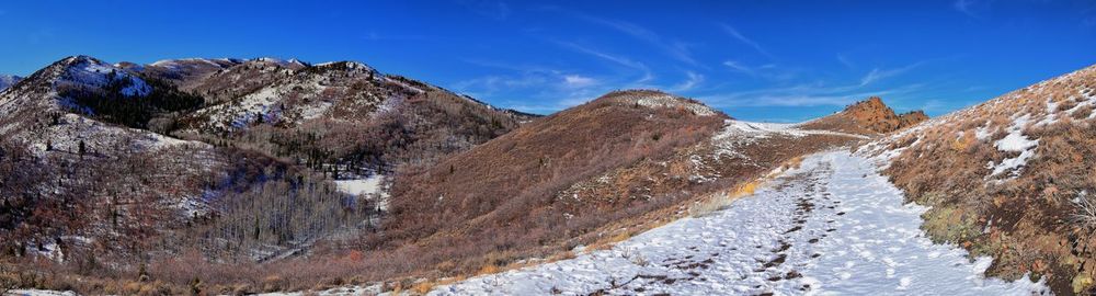 Panoramic view of snowcapped mountains against sky