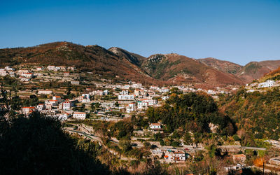 High angle view of townscape against clear sky