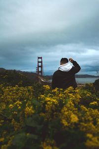 Rear view of man wearing hooded shirt while standing amidst yellow flowering plants on field against golden gate bridge