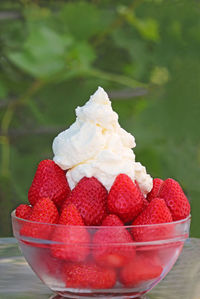 Close-up of strawberries in bowl on table