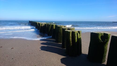 Wooden posts on beach against sky