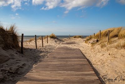 Footpath leading towards sea against sky