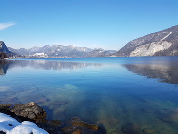 Scenic view of lake and mountains against clear blue sky