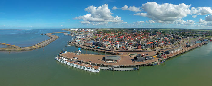 Aerial panorama from the city harlingen at the ijsselmeer in the netherlands